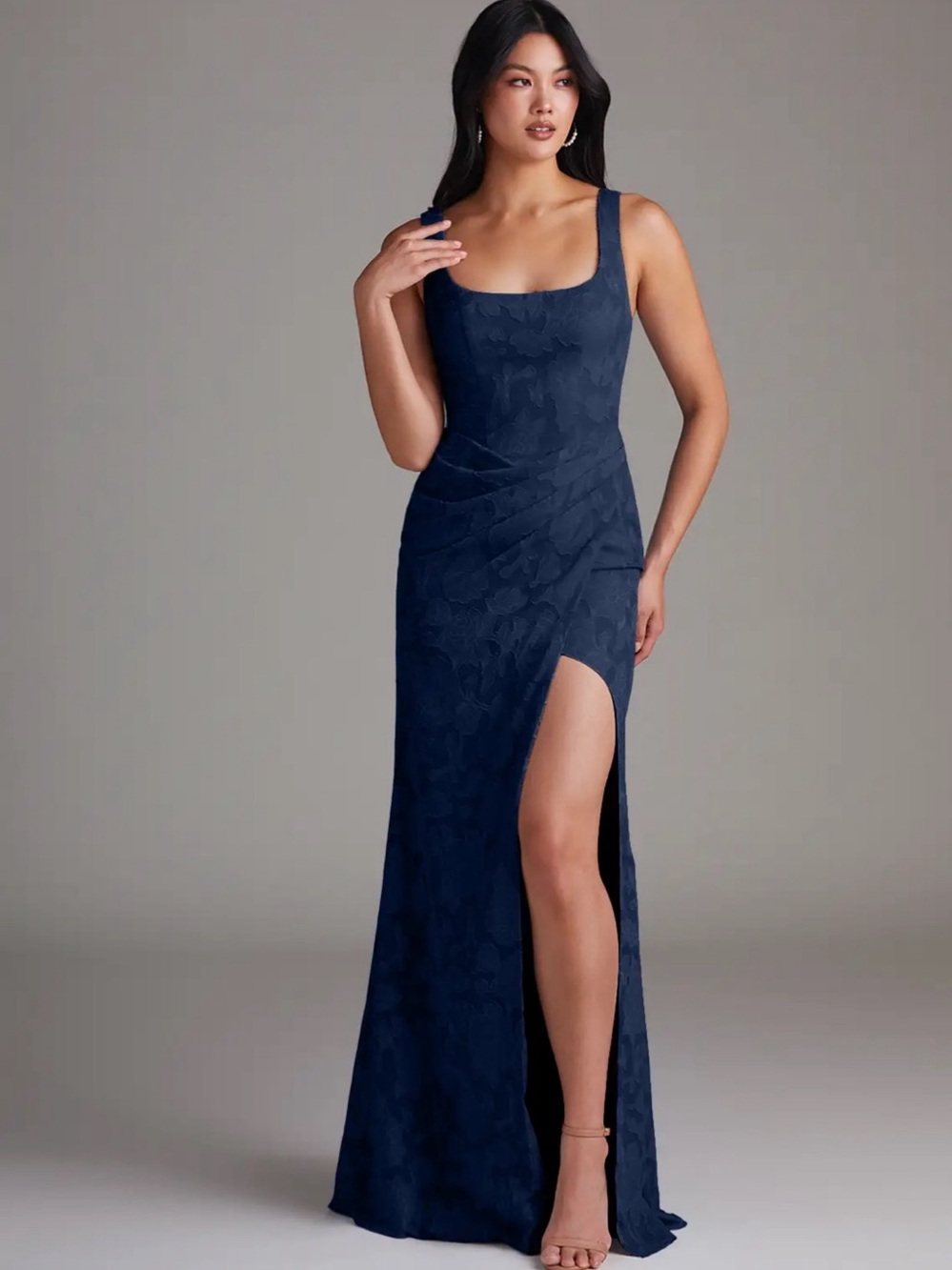 Azazie Mero Dark Navy Floral Burnout Dress
